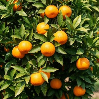 Close-up of vibrant organic oranges on a tree branch in a healthy orchard
