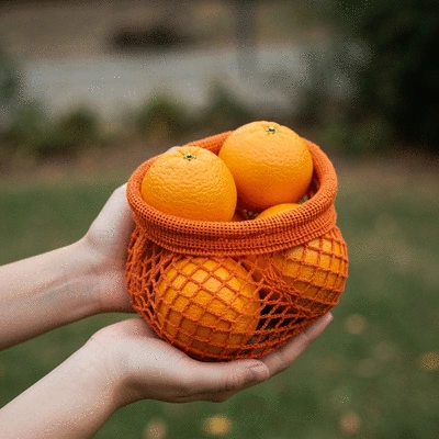 Eco-friendly orange packaging being held by hands against a natural background