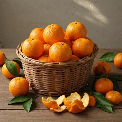 A rustic basket overflowing with fresh organic oranges, surrounded by green leaves on a wooden table