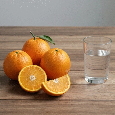 Various fresh oranges, whole and sliced, arranged artistically on a rustic wooden table, with a glass of water nearby, suggesting natural hydration.