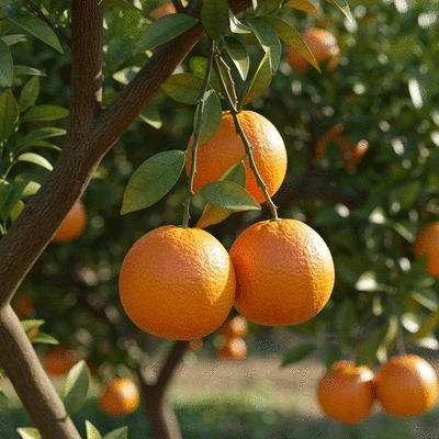 Close-up of ripe oranges hanging from a tree in an orchard, ready for harvest, with soft natural lighting