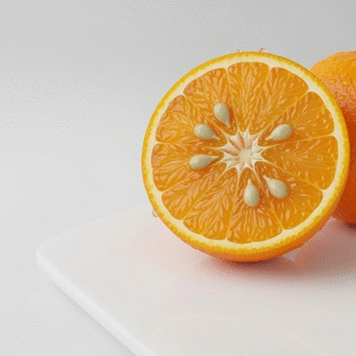 Close-up of a perfectly ripe orange, sliced in half, showing its juicy segments, with water droplets on the skin, on a clean, minimalist background.