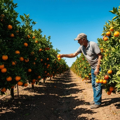Farmer inspecting orange trees in a sunny Australian orchard, focusing on fruit quality and ripeness
