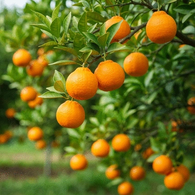 Close-up of healthy orange tree branches with ripening fruit