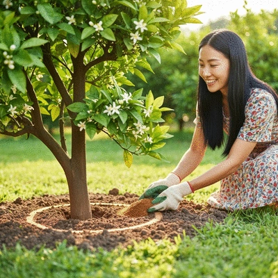Gardener applying organic fertilizer to an orange tree