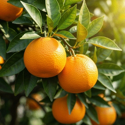 Close-up of vibrant, healthy oranges growing on a tree